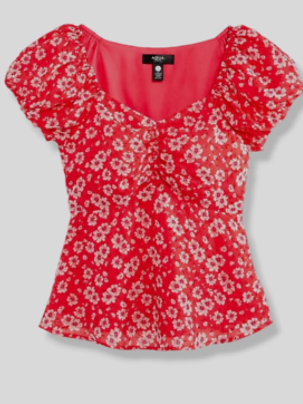 Aqua Red Floral Puff-Sleeve V-Neck Top